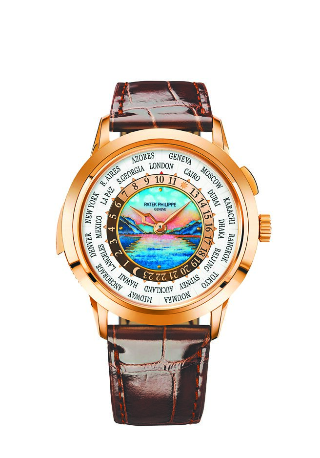 百達翡麗編號5531R/016世界時間三問腕表，表盤上彩繪瑞士圖恩湖美景。（Patek Philippe提供）