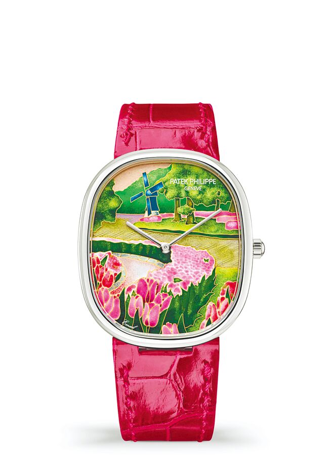 編號5738/50G-035「荷蘭春日」Golden Ellipse腕表，勾勒荷蘭風車與鬱金香花田的美景。（Patek Philippe提供）