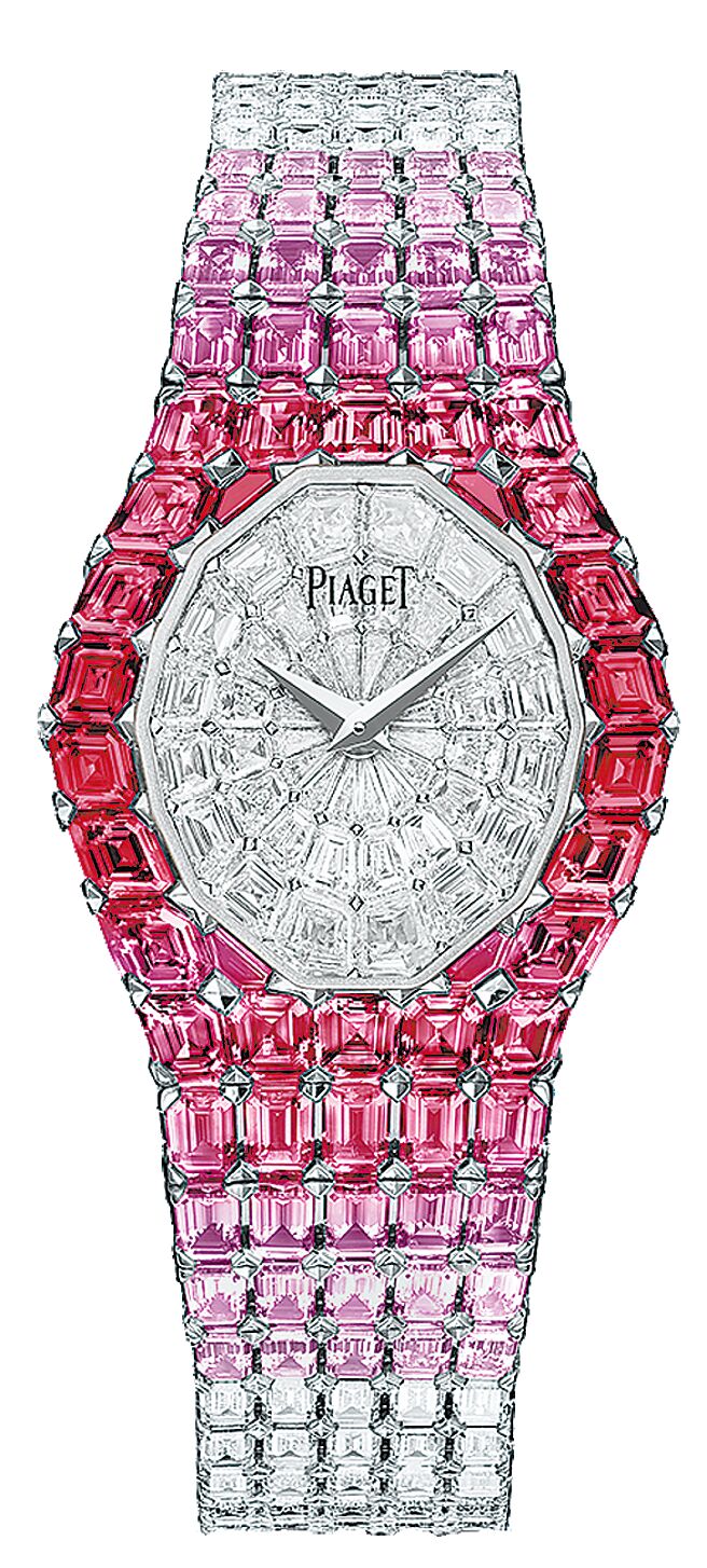 伯爵Limelight Aura系列18K白金红宝石与粉红蓝宝石珠宝表。（PIAGET提供）