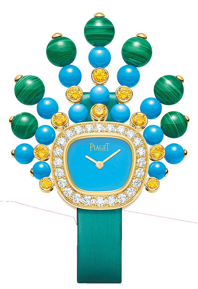 伯爵Swinging Sautoir 18K黄金海水蓝宝石与黄色蓝宝石项炼表，时计可拆解下来当作腕表佩戴。（PIAGET提供）