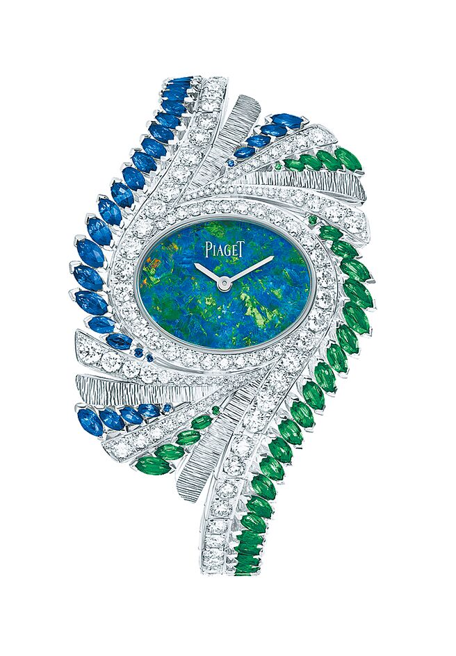 伯爵Limelight Gala系列白金蓝宝石与祖母绿钻石腕表，风华绝代。（PIAGET提供）