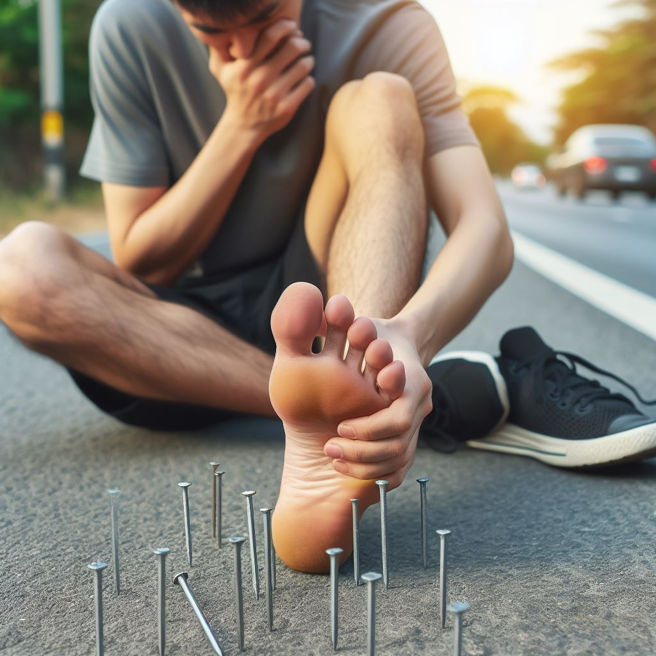 男子在慢跑途中遭鐵釘刺傷。（示意圖、與本案無關／AI生成）