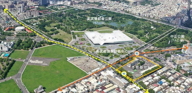 O10/Y18站联开案拥有独特艺文及永久绿意景观特色，图为基地位置空拍图。（高市府提供）