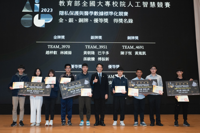 教育部「人工智慧技術及應用人才培育計畫」委託由國立高雄科技大學電機系舉辦2023 AI CUP秋季賽，今年3月在中研院舉辦頒獎典禮。2023 AI CUP吸引來自印度、澳洲以及台灣各縣市大專組隊參賽，最終有超過300人共103組隊伍完成比賽，高科大包辦金牌、銀牌等一共15個獎項，戰果豐碩。(照片/高科大提供)