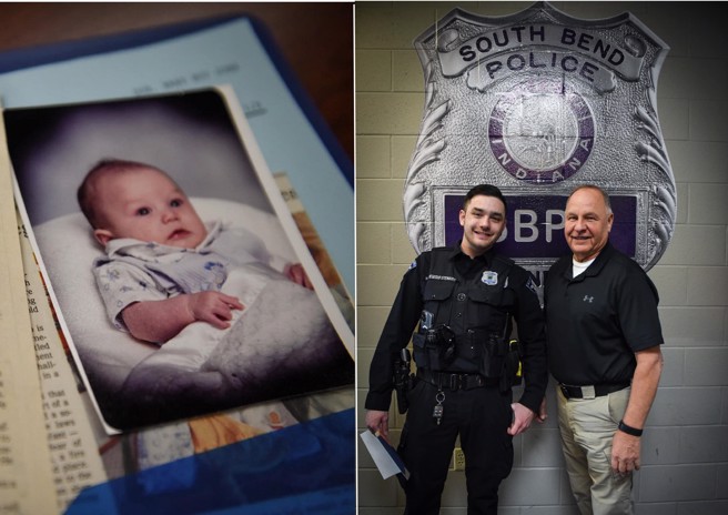 男子24年前遭遗弃，长大当上警察，没想到当年的救命恩人就是同警局的前辈。（翻摄脸书South Bend Police Department）