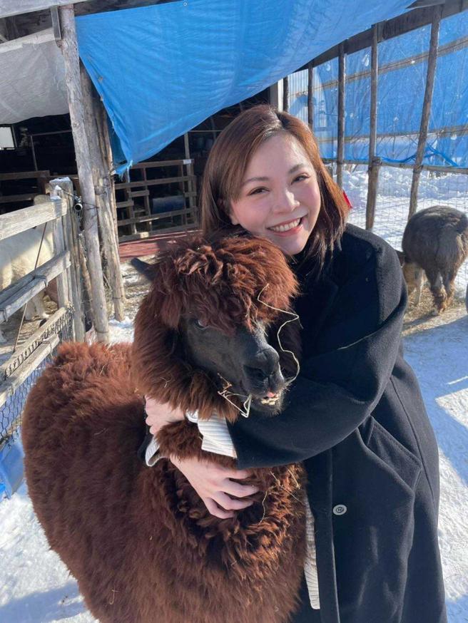 下个月将生产的锺沛君看到可爱的草泥马立刻「抱紧处理」。（图／陈布朗提供）