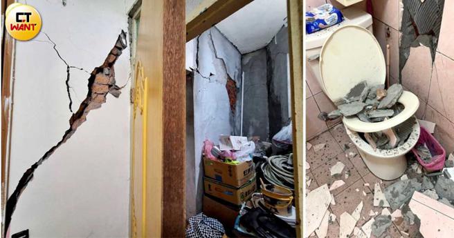 反观新北市墙壁磁砖大片掉落，只要非主要梁柱受损，室内属装潢部分再如何惨重，都不会被列入黄单范围。（图／记者林荣芳摄、受灾户提供）