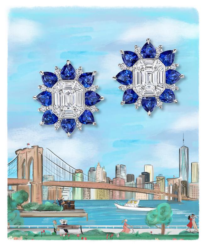 海瑞温斯顿全新New York系列 718 Marble Marquetry蓝宝石钻石耳环，灵感源自纽约旗舰店黑白大理石拼贴地砖的芒星图案。（Harry Winston提供）
