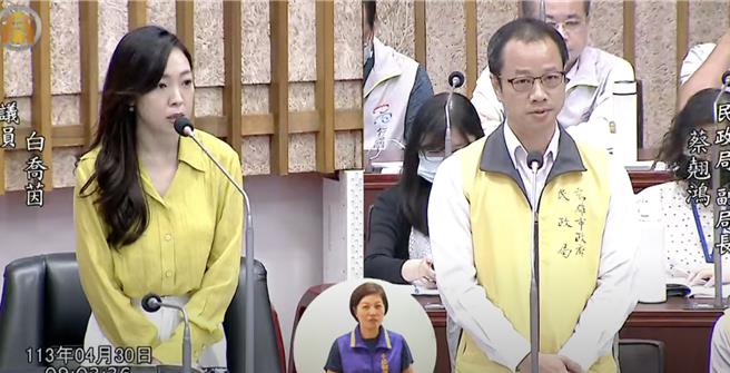 国民党高市议员白乔茵今（30）日爆料，当天高市府民政局副局长蔡翘鸿也在场，质疑蔡利用职务之便辅选，她爆气痛批「里应外合、蛇鼠一窝」，要求立即启动调查。（柯宗纬翻摄）