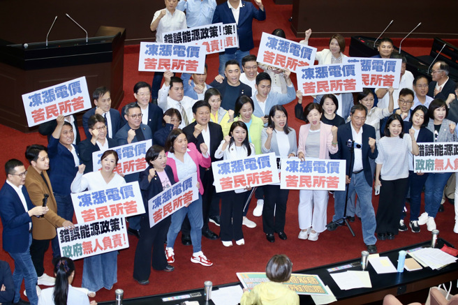立法院30日院会处理冻涨电价案，国民党立委高举标语，并以人数优势，在表决中否决民进党提案，并通过冻涨案。（姚志平摄）