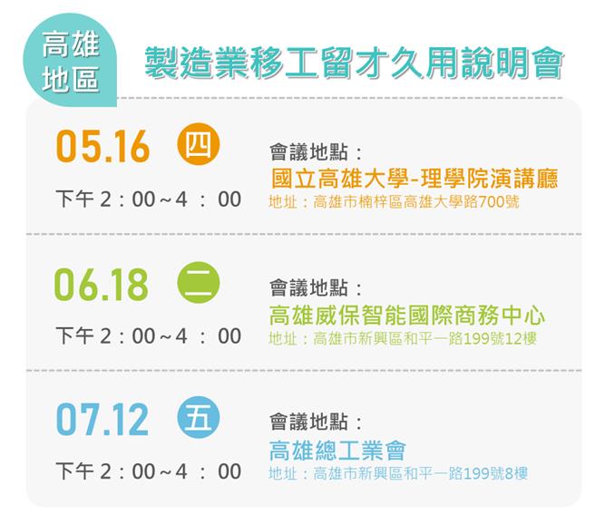 移工留才久用說明會高雄地區場次表。 （翻攝照片／洪靖宜高雄傳真）