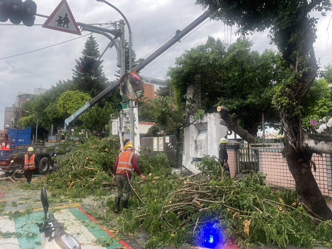 今（30日）下午15时许北部突然刮起一阵强风，新北市树林区千岁街发生一起路树倒塌。（图／警方提供）