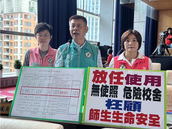 台中市議員陳雅惠、蕭隆澤、陳俞融等人指出，台中市目前有83棟校舍仍未取得使用執照，安全堪慮。（林欣儀攝）