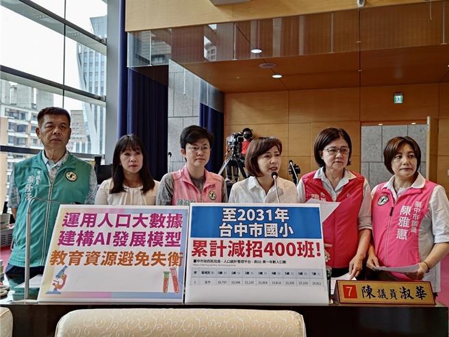台中市议会1日进行教育文化业务质询，市议员陈淑华、陈俞融、陈雅惠、萧隆泽、张芬郁、谢家宜关心少子化衝击学校招生与减班问题。（林欣仪摄）