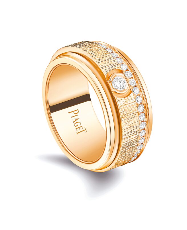 PIAGET Possession系列18K玫瑰金宮廷式雕刻飾紋鑽石戒指，約32萬3000元。（PIAGET提供）