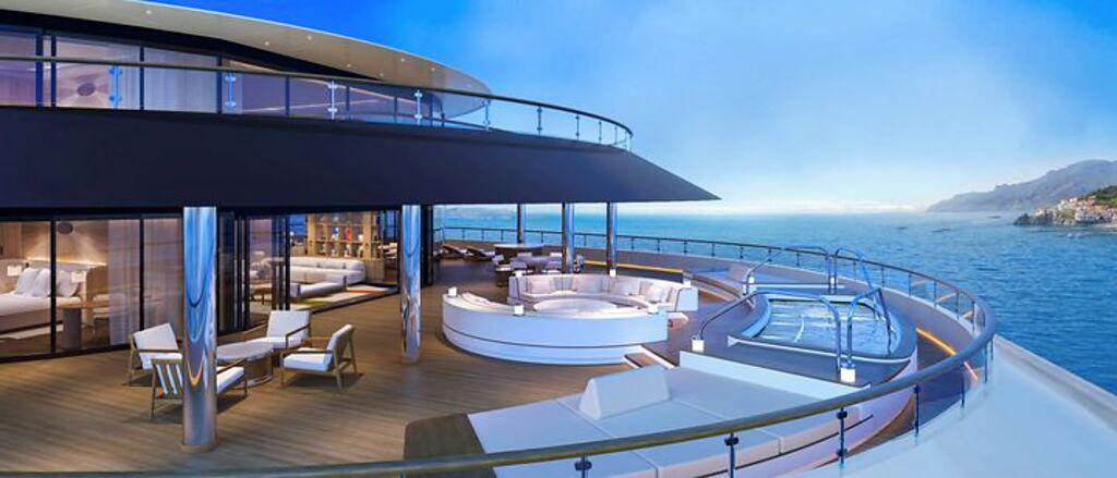 「錐形星空」套房陽台宛如海上移動的豪宅。（圖／www.fourseasonsyachts.com）