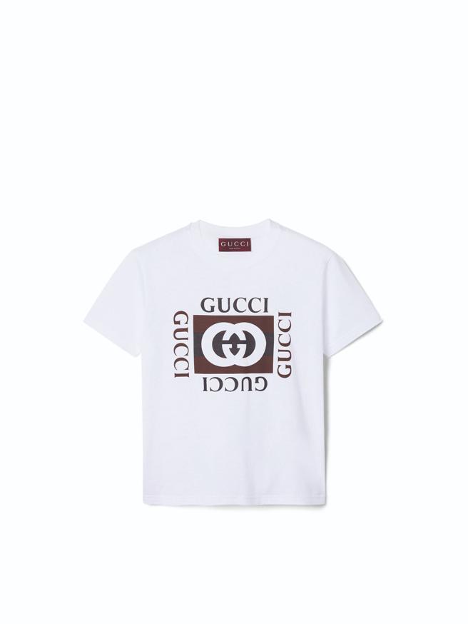GUCCI棉質白色GG圖騰T恤，1萬8500元。（GUCCI提供）