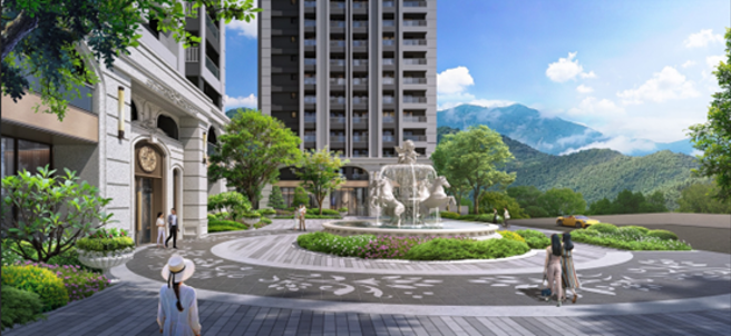 「美丽上城」庭园打造骏马雕塑喷泉，搭配四季花艺植栽，创造高隐私性的庄园生活(花园3D示意图)。（图片来源/甲山林集团提供）