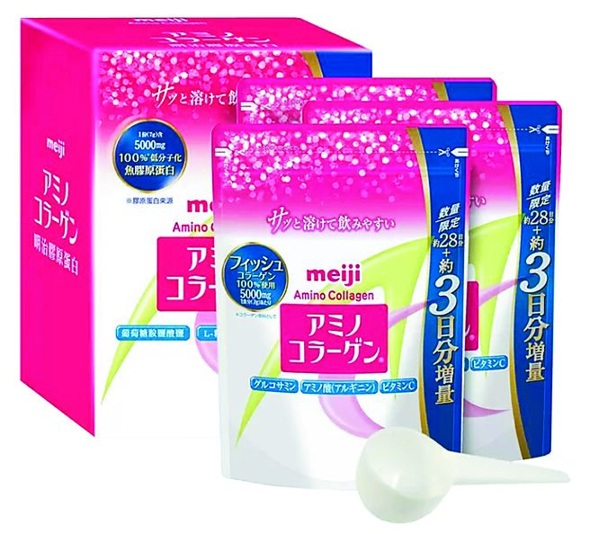 好市多明治膠原蛋白粉標準版28日份＋3日份增量包217克 X 3入組，1799元。（好市多提供）