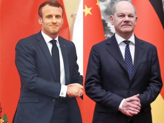 德國總理蕭茲（右）當地時間2日晚間在巴黎與法國總統馬克宏（左）共進晚餐。（新華社資料照片）