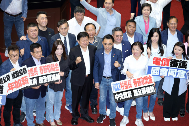 立法院3日院会处理国民党所提「电业法」49条修法、「地方民意代表费用支给及村里长事务补助费补助条例」修正草案等抽出径付二读，国民党与民眾党以人数优势表决通过，国民党立委在议场内高举标语并合影留念。（资料照，姚志平摄）