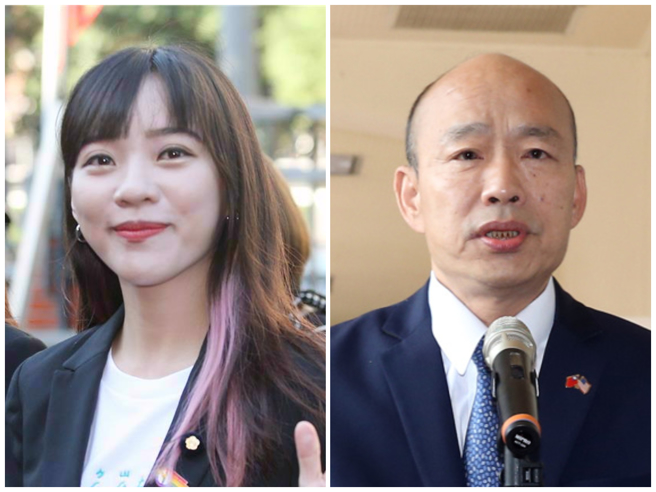 黄捷（左）po出了一张韩粉亲戚将自己和韩国瑜（右）送的春联并排贴着的照片。（中时资料照合成）