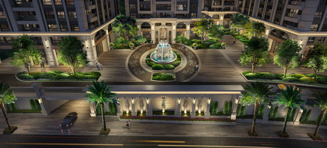 「美丽上城」庭园打造骏马雕塑喷泉，搭配四季花艺植栽，享受花团锦簇的欧式庄园生活(3D透视示意图)。（图片来源/甲山林集团提供）