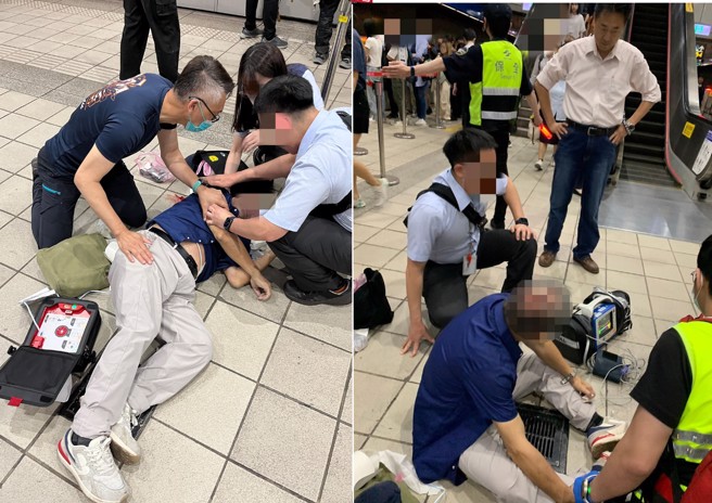 救護志工小隊長李宗憲（左一）在現場進行急救，台灣公眾除顫發展協會理事長徐震宇（右上）也在現場協助，患者在急救後恢復意識。（徐震宇授權使用）