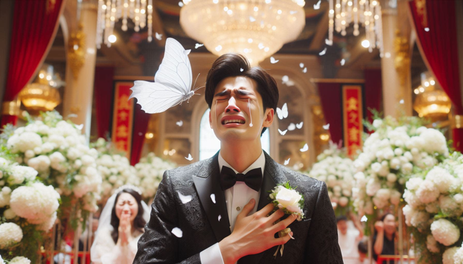 湖南一位新郎，傳訊息給過世的外婆，希望外婆變身成蝴蝶來參加婚禮，結果一隻白蝴蝶停在新郎胸口，新郎當場痛哭。（示意圖、與本案無關／AI生成）