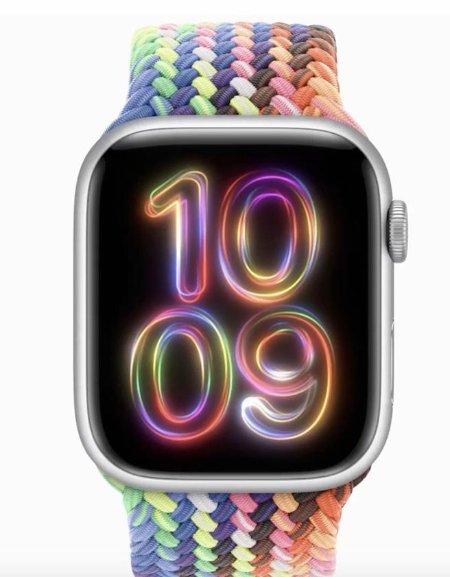 全新骄傲特别版编织单圈表带採用充满活力的萤光设计，灵感源自多面骄傲旗帜，展现 LGBTQ+ 社群的力量和美丽。（Apple提供／古明弘台北传真）