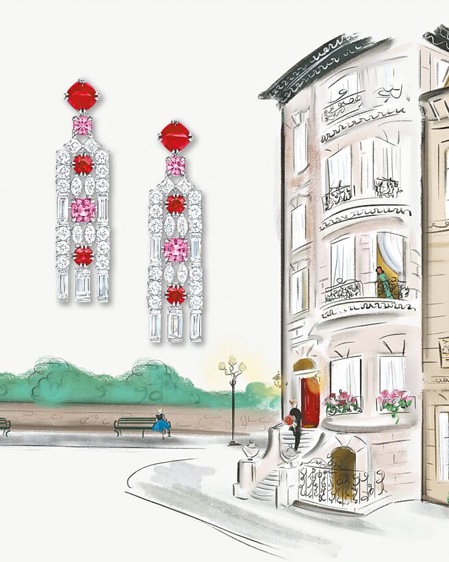 海瑞温斯顿全新New York系列Brownstone项炼和耳环，以纽约上西城区高级住宅为灵感。（Harry Winston提供）