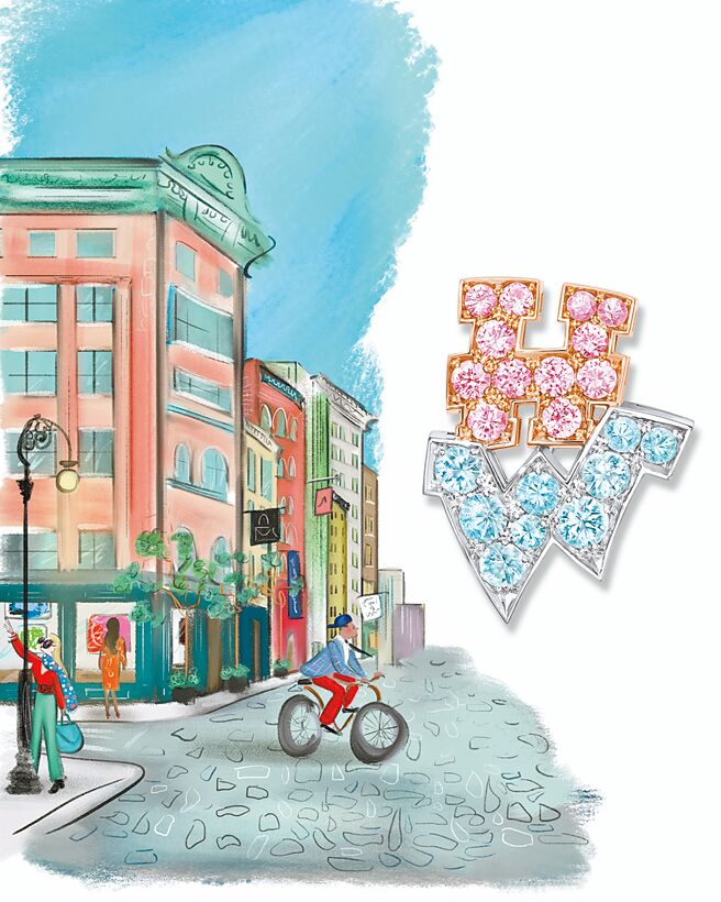 海瑞温斯顿全新New York系列Graffiti胸针，「HW」LOGO涂鸦十分可爱。（Harry Winston提供）