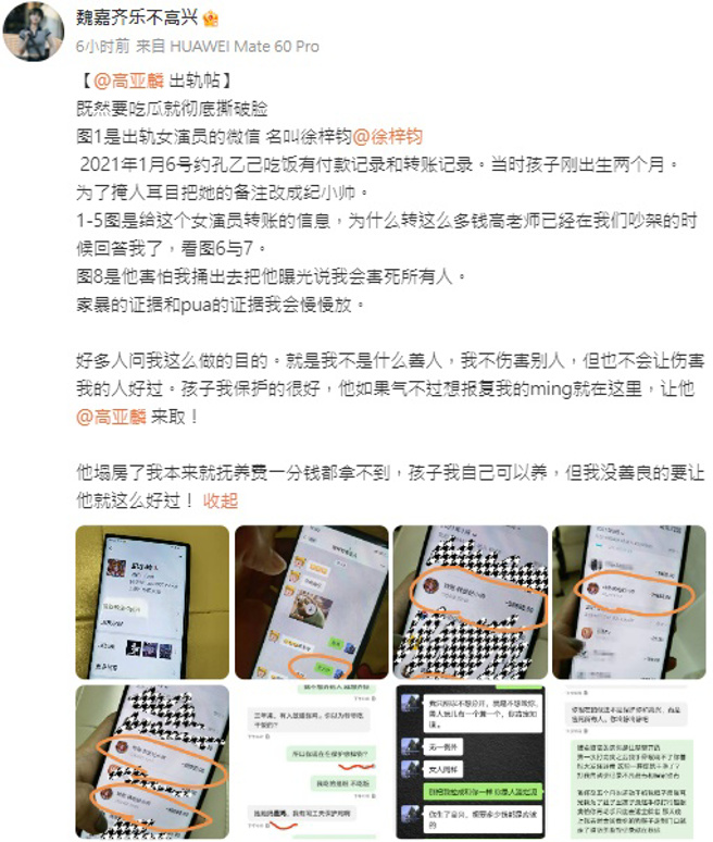 魏嘉公开高亚麟与小三徐梓钧暧昧对话内容及匯款纪录。（图／魏嘉齐乐不高兴 微博）