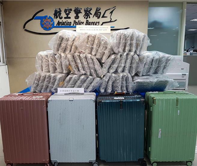 航空警察局于今年3月间接获情资，会同财政部关务署臺北关（下称臺北关）注检2名本国籍李姓男子与其配偶陈姓女子，在2人所携带2件托运行李内，查获以毛毯及衣物内夹藏第二级毒品大麻30.4435公斤，之后又再2人透过外馆支付超重运费运回的另2件行李中，再查获31.214公斤大麻，市价逾新台币6000万元。图为全部毒品及4箱行李箱。（航警局提供）