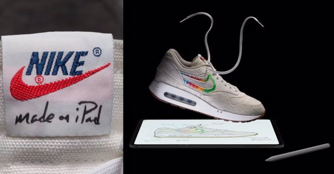 这双特地打造的Nike Air Max 1 '86鞋舌上还有Made on iPad字样 。（图／翻摄自X@@9to5mac）
