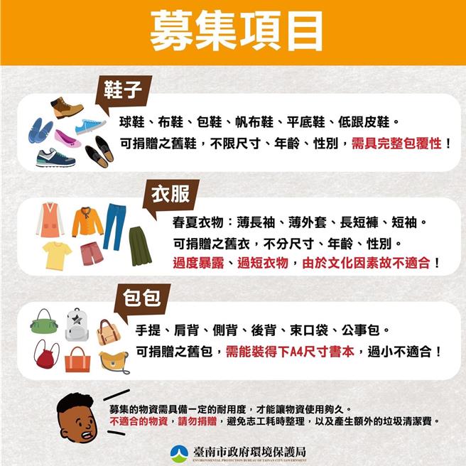 此次募集项目包括鞋子、春夏衣物及包包。（环保局提供／曹婷婷台南传真）