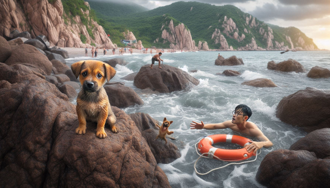大陸一名男子在海邊看到狗狗疑似溺水，沒想到這隻狗只是在玩水，還一天一次。（示意圖、與本案無關／AI生成）