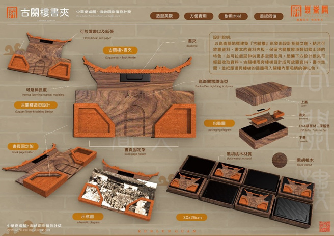 2023「中华崑崙关·海峡两岸情」设计奖，第一名作品：古关楼书夹，由大明高级中学张馨云、李嘉馨、陈郁昊、刘芸瑄获得；指导老师：刘佳珈。（图／时报金犊奬大会提供）