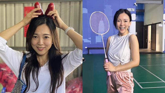 国民党高雄市议员白乔茵身穿背心配真理裤，手上还拿着羽球拍。（白乔茵提供）