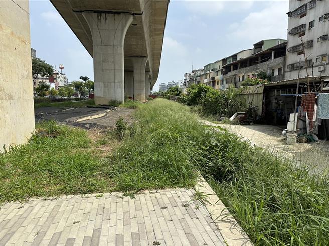 洪柳益指出，橋下東側的閒置空間仍泥土地、雜草，影響沿線住戶空氣及生活品質。（立委楊瓊瓔服務處提供／張妍溱台中傳真）