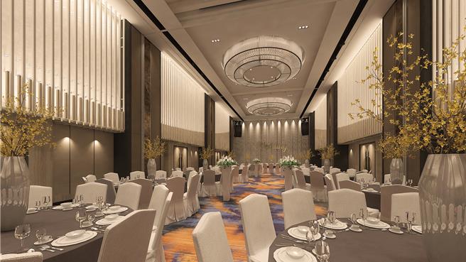 高雄日航酒店挑高7米半、最多可容纳30桌的宴席空间，运用弹性，气派尊荣。 (高雄日航酒店提供)