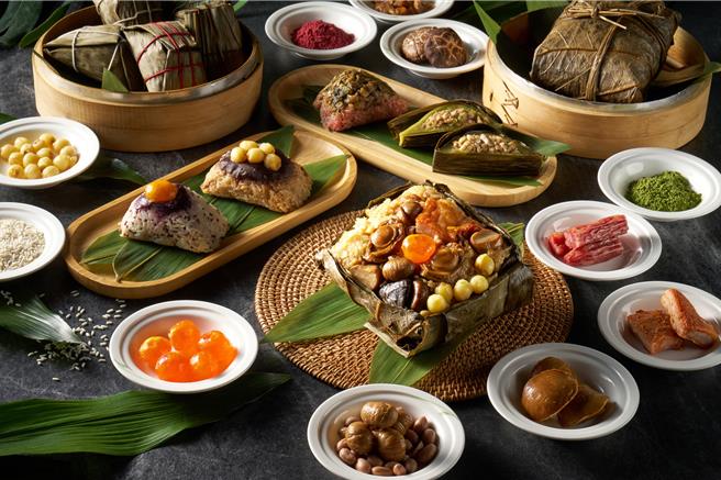 「珍珠坊」推出「广式福粽礼盒」，5种口味的粽子广纳海味山珍，售价1388元。 (台北福华大饭店提供)