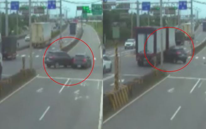 休旅车擦撞轿车，再回弹撞到联结车，造成两侧车身伤痕累累。（图／翻摄画面）