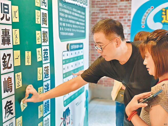 觀展民眾進行互動遊戲-罕見姓氏貼貼看。圖／臺北市立文獻館提供