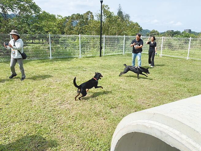 基隆市首座宠物公园9日于暖暖运动公园内启用，民眾迫不及待带着毛小孩到公园草地奔跑。（徐佑升摄）