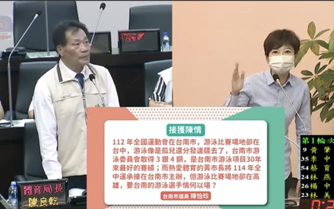 台南市議員陳怡珍（右）批評台南缺乏一座正式比賽的游泳池，導致承辦全國賽事還得到外地比賽，讓台南的游泳選手情何以堪。市府體育局長陳良乾（左）表示，先前曾經評估過多處地點都不適合，目前仍在設法突破。（摘自台南市議會網站）