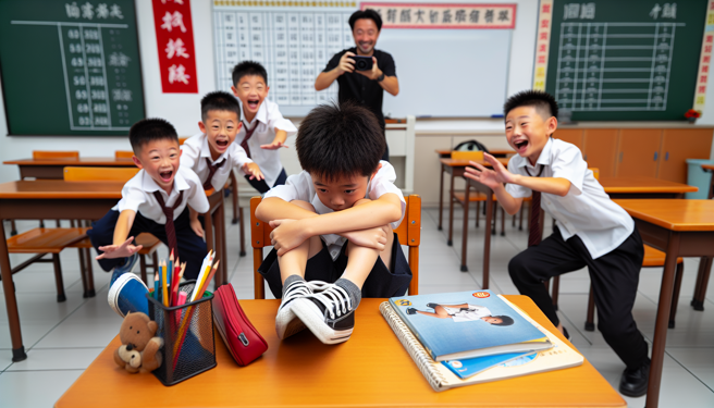 1名一年级新生在班上遭同学霸凌，翻桌椅、破坏书包文具，当时正在班上的老师却没有阻止霸凌行为，反而是拿出手机拍摄影片上载TikTok！（示意图、与本案无关／AI生成）