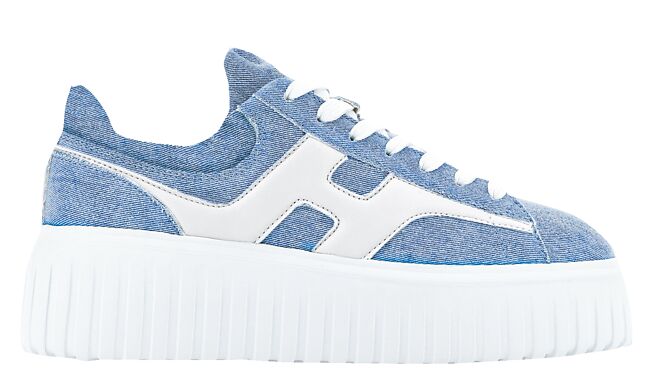 Hogan H-Stripes台湾限定色丹寧蓝拼接小羊皮休閒鞋，2万1000元。（Hogan提供）