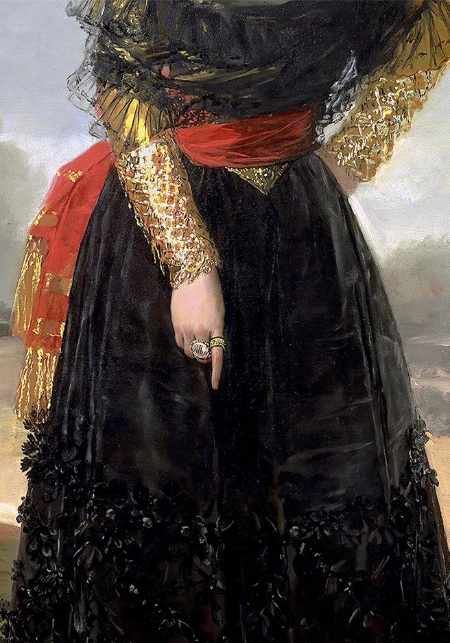 《再見哥雅》揭肖像畫《阿爾瓦公爵夫人》以神祕手語比出字母「G」的意涵。（海鵬提供）