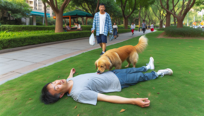 男子酒醉倒卧公园草丛，被大爷误以为是尸体，而报警处理。（示意图、与本案无关／AI生成）